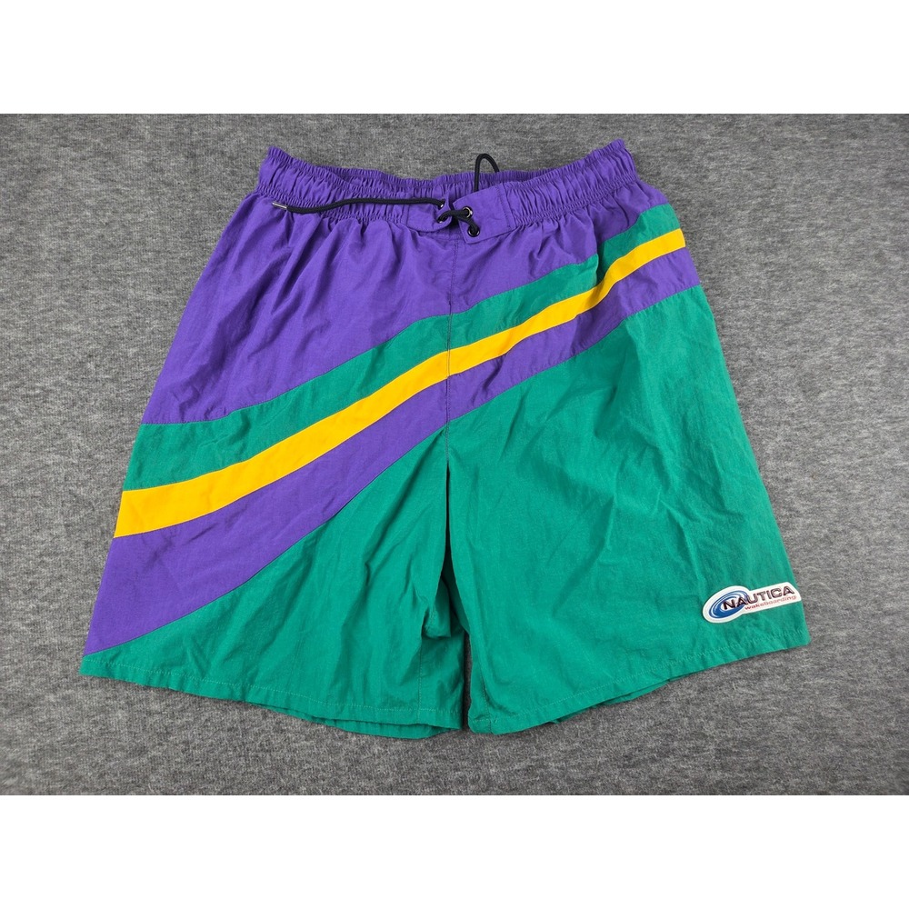 Nautica Swim Shorts Mens L Multi Wakeboarding Vintage Colorblock Nylon Trunks